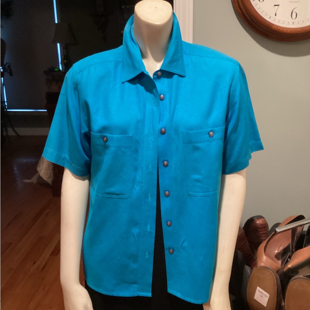 Petite Sophisticate Teal Silk Blouse